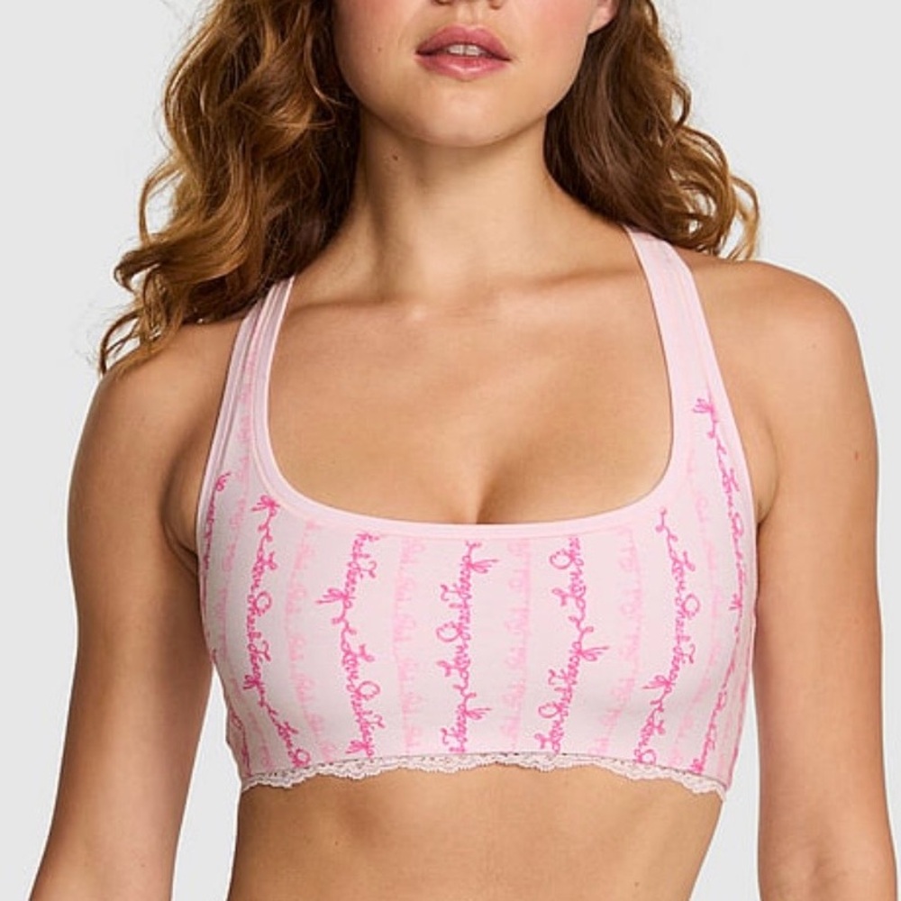 🎀PINK × LoveShackFancy Cotton Racerback Bralette Logo Mania Pink Girly LARGE